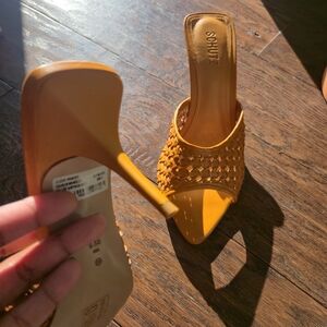 SCHUTZ Woven Open-Toe Mule Heels in Mustard